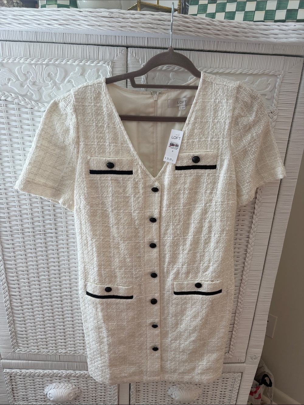 LOFT Cream Tweed Mini Dress with Black Trim NWT